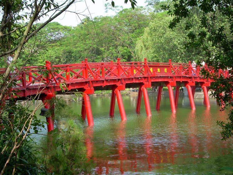 mixed feelings about Hanoi: red bridge at Hoan Kiem Lake in Hanoi